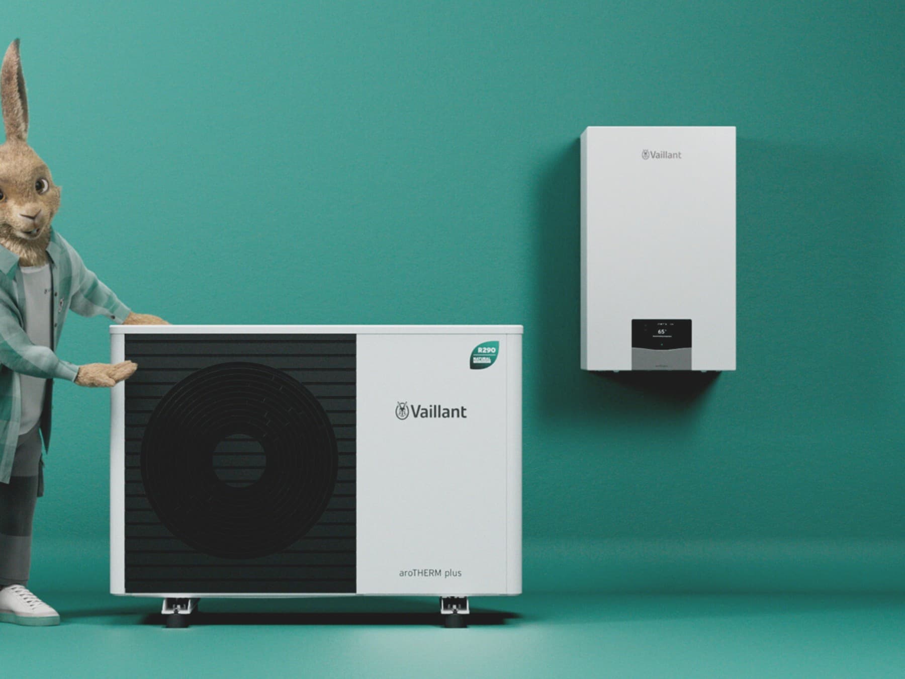 Vaillant Kiškis, pristatantis šilumos siurblį ir vandens šildytuvą