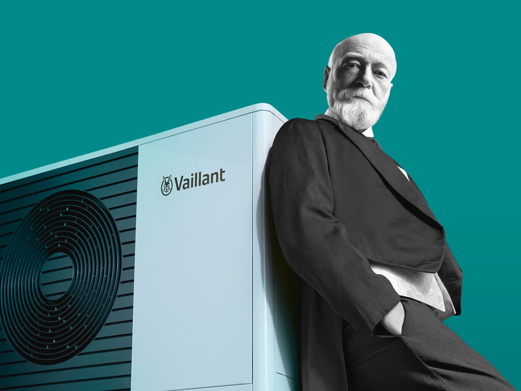 Įmonės įkūrėjas Johannas Vaillantas stovi prie šilumos siurblio