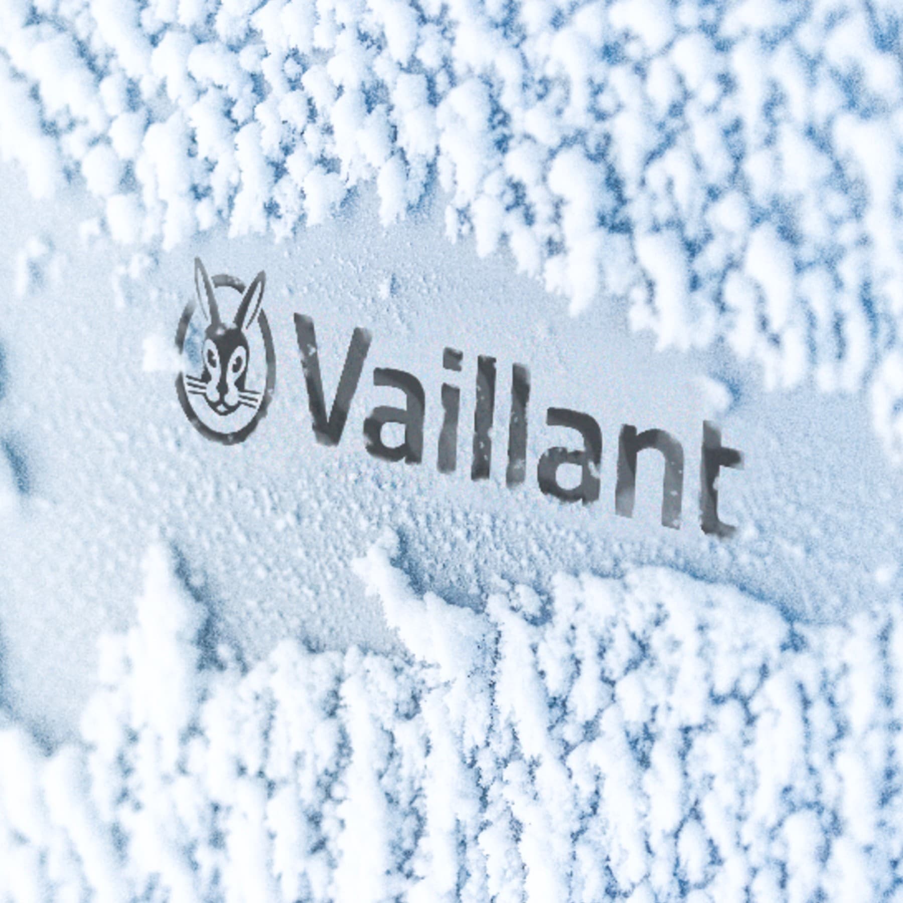 Vaillant logotipas ant sniegu padengto šilumos siurblio